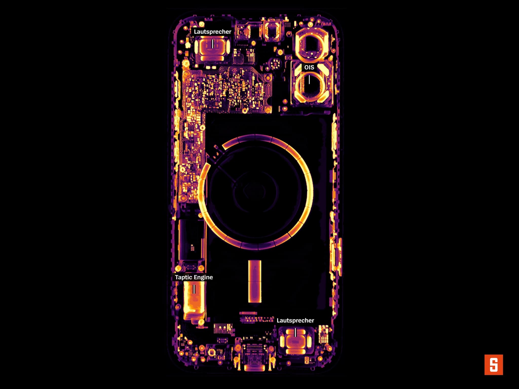 X-ray-style smartphone visualization showing components that contain rare-earth elements
