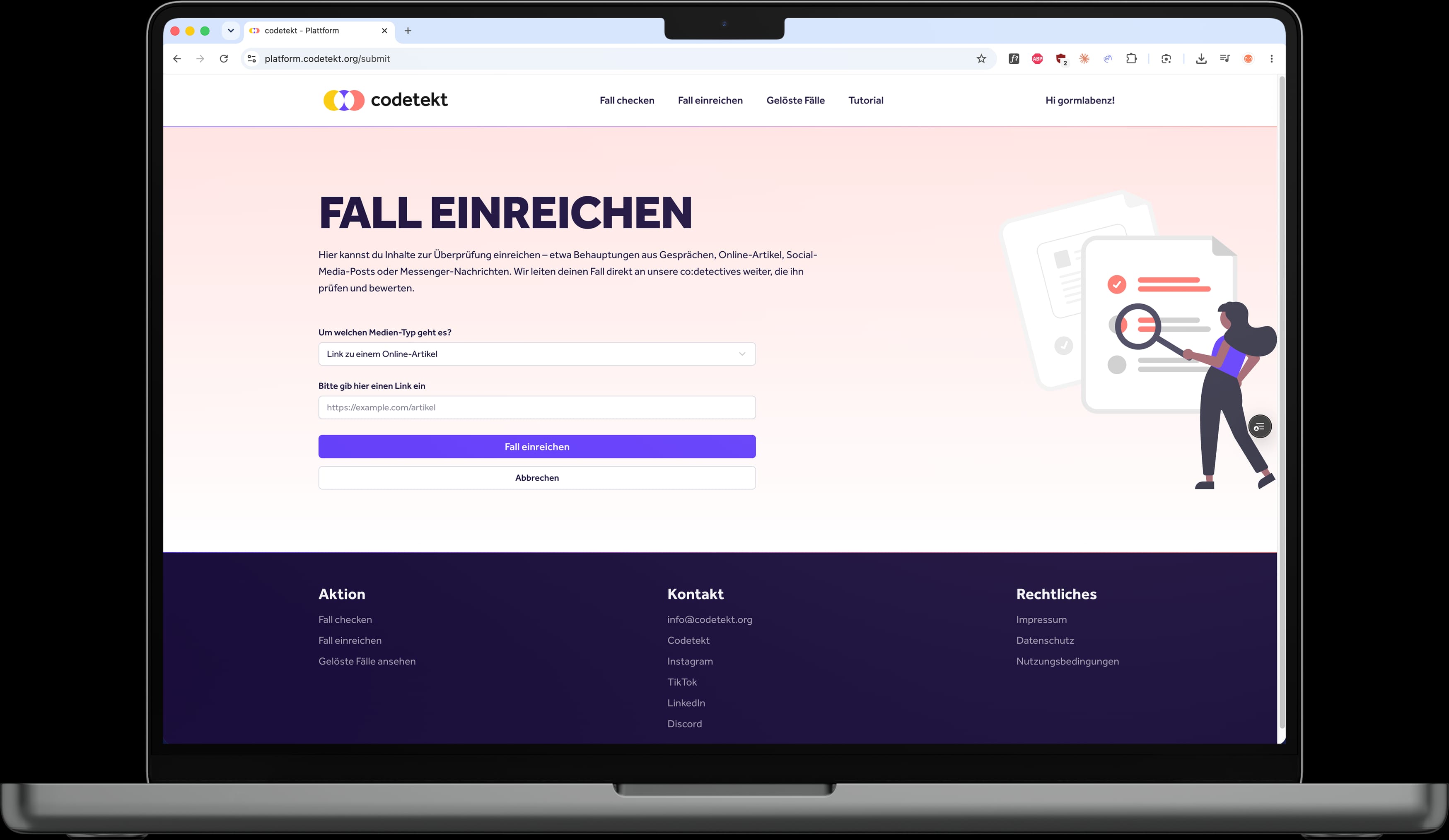 Codetekt platform form for submitting a new case via URL or custom content