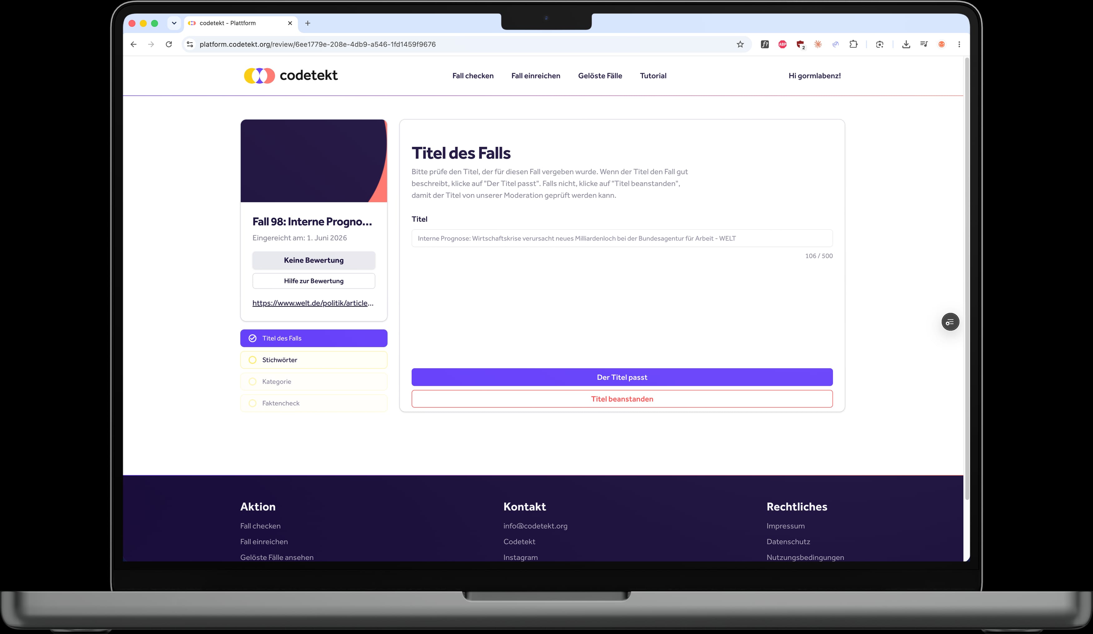 Codetekt platform review screen with questions about the credibility of a submitted case