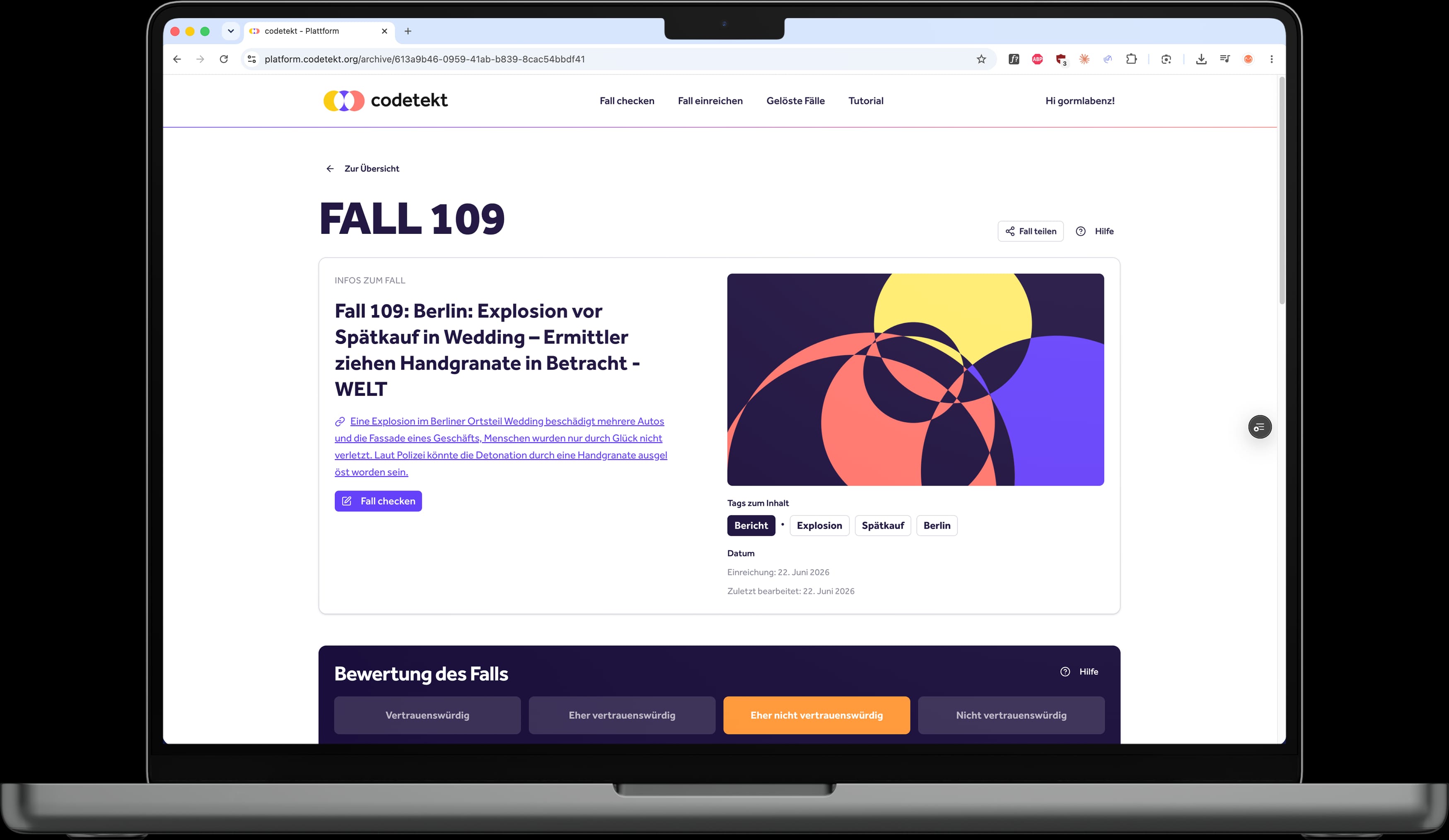 Detailed case view on the Codetekt platform with an article preview and community review