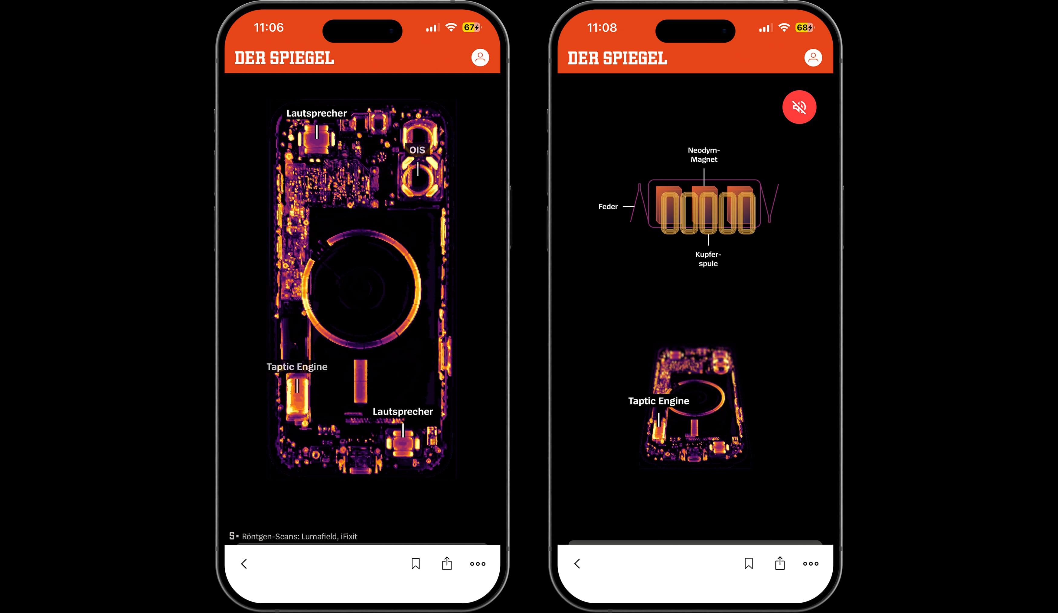X-ray-style visualization of a smartphone with highlighted components and rare-earth elements