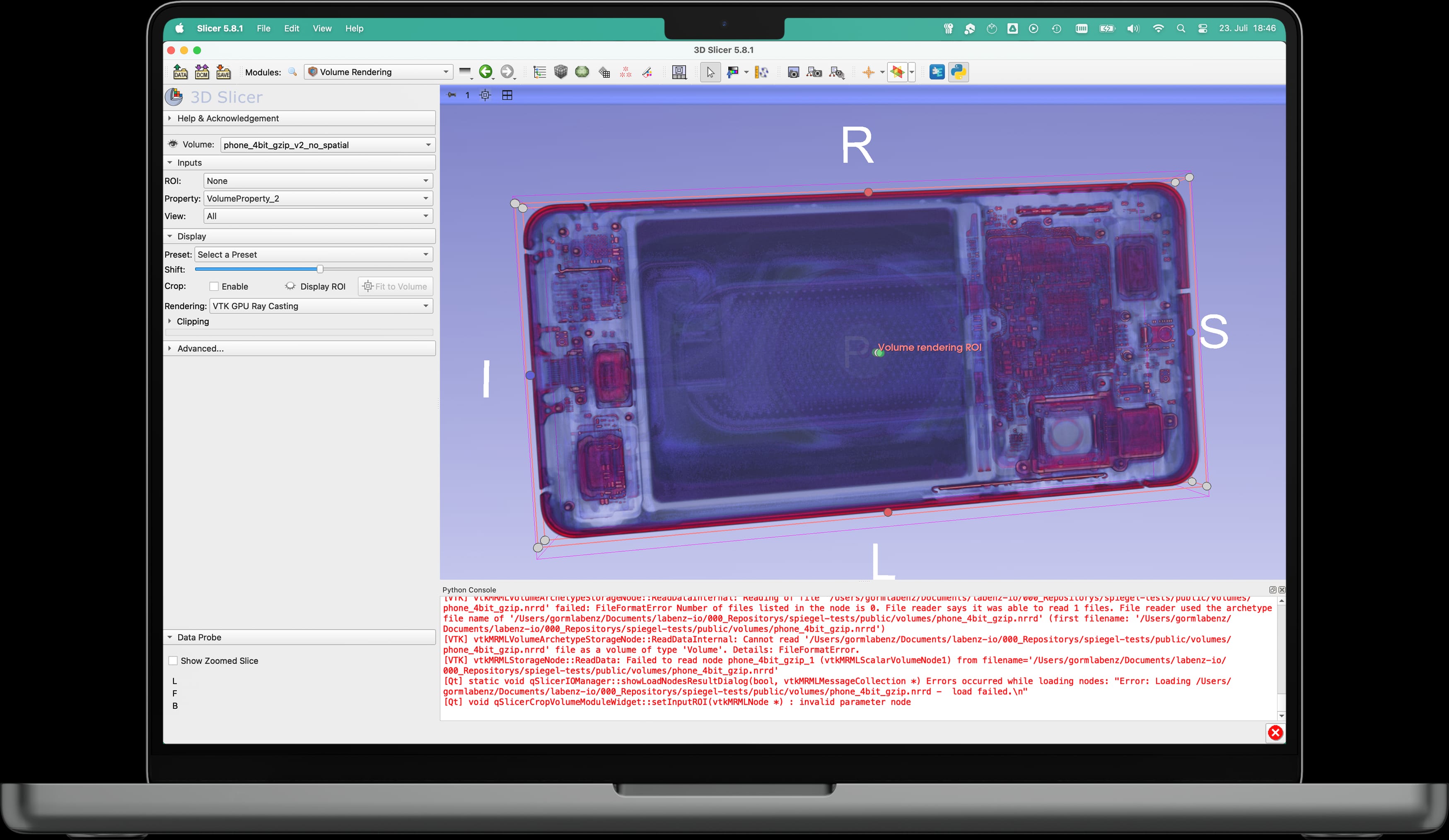 Technical workspace showing a smartphone CT scan being prepared for the voxel-based WebGL visualization