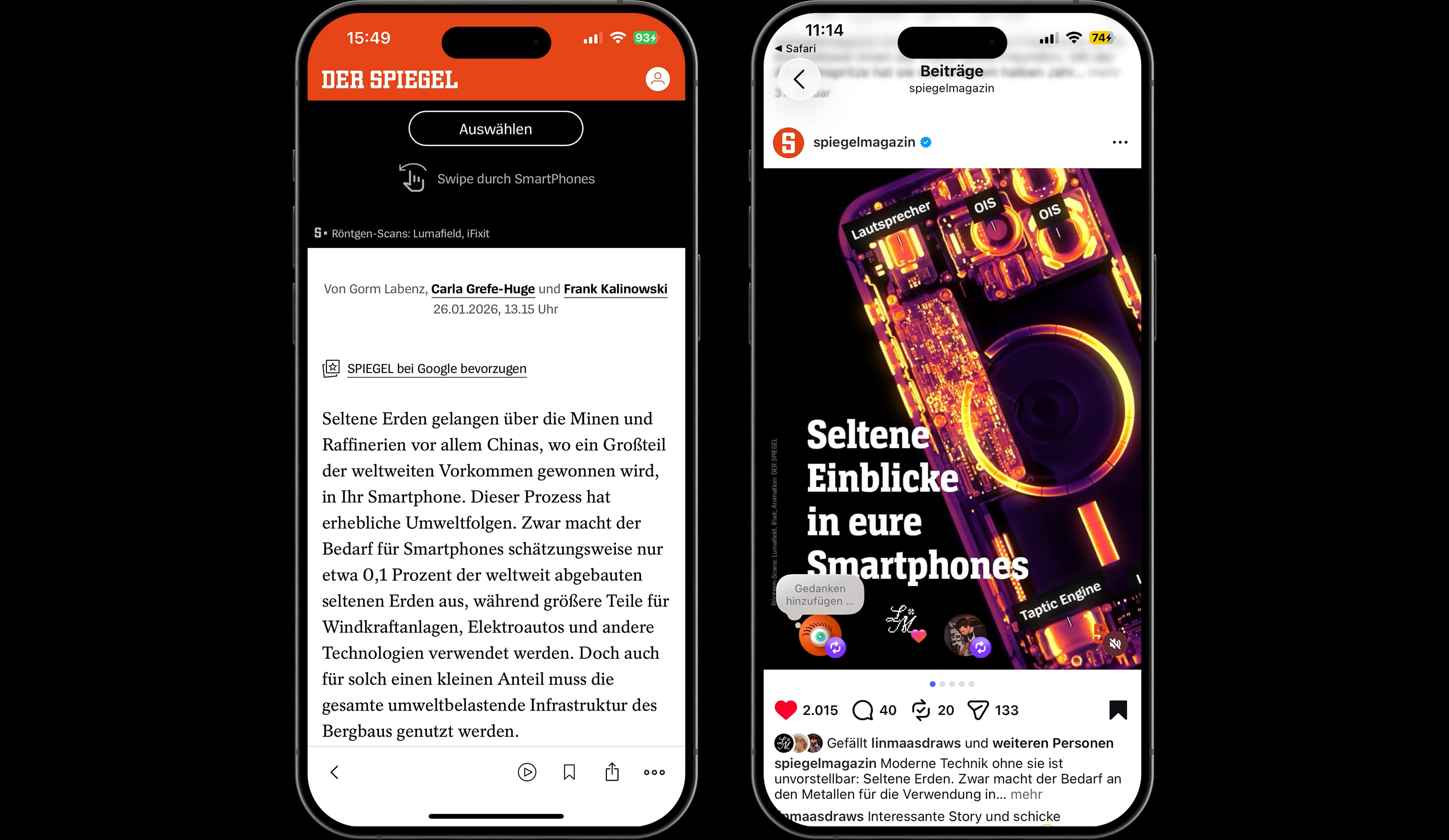 Der Spiegel article about rare-earth elements in smartphones shown on mobile and as an Instagram post