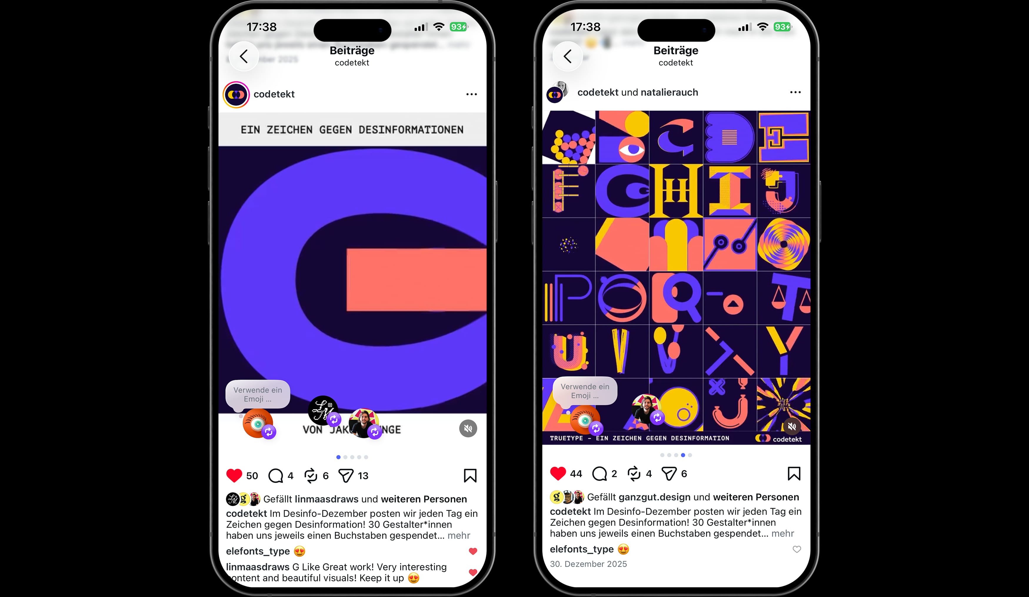 Two Codetekt Instagram posts featuring animated typographic letters and facts about disinformation